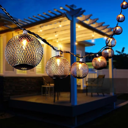 Decorative Lantern String Lights Plug in with 10 Black Metal Ball, Connectable Waterproof Outdoor Decorative String Lights Indoor for Bedroom Patio Pergola Decor