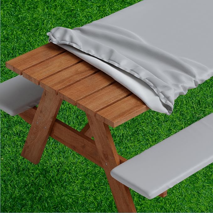 Picnic Table Cover with Bench Covers -Fitted with Elastic, Vinyl with Flannel Back, Fits for Table 30"x 60" Rectangle,Water Proof, Solid Grey Design
