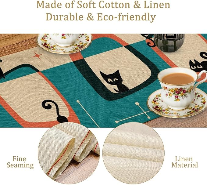 Mid Century Style Table Runner,Black Cat Modern Abstract Geometric Vintage Colorful Shape Pattern for Kitchen Coffee/Tea Table Dinner Room 13x120in