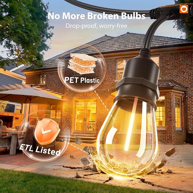 addlon 100FT Outdoor String Lights with Remote Dimmable Waterproof Patio | 50 Warm White Edison Bulbs, Heavy Duty Shatterproof Hanging Strand for Outside Backyard Porch Garden Bistro Pergola Party