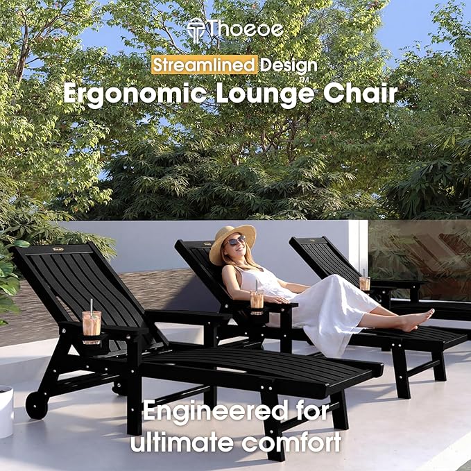 THOEOE Patio Chaise Lounge Chair, Oversized Lounge Chair Outdoor with 5 Positions, 78″ Long, HDPE, Patio Lounge Chair with Wheels & Cup Holder for Pool, Deck, Poolside,Black