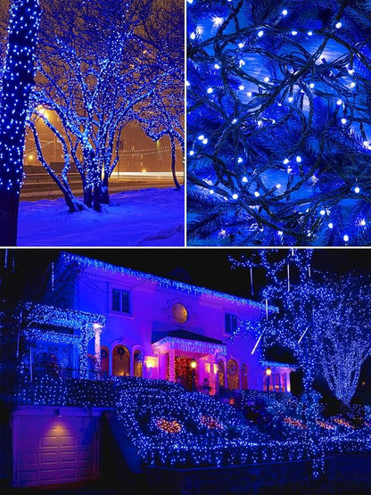 EEW Solar String Lights Outdoor 2 Pack 200 LED Solar Christmas Lights Blue | 8 Lighting Modes, Memory Function, Auto On/Off, 66FT Waterproof Twinkle Lights for Outside Patio Yard Xmas Tree Decorations