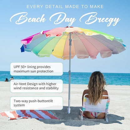 AMMSUN 7.5ft Large Heavy Duty HIGH Wind Beach Umbrella with sand anchor & Tilt Sun Shelter, UPF 50+ Protection Outdoor Umbrellas Sunshade with Carry Bag for Patio Garden Pool Backyard Rainbow
