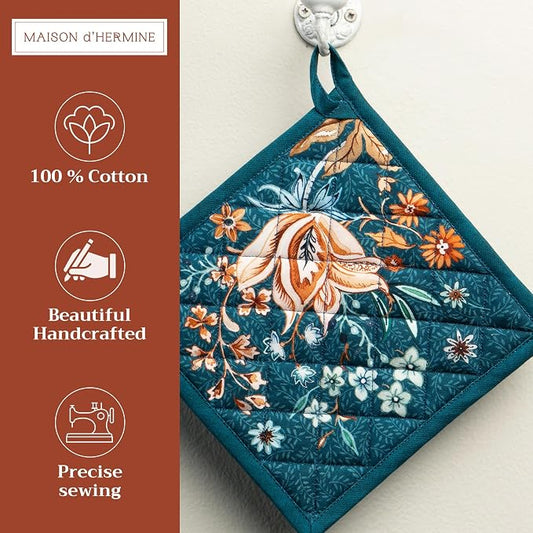Maison d' Hermine Pot Holders 100% Cotton Potholders (8" x 8", Pack of 1) | Heat Resistant Hot Pads with Loop BBQ Cooking Kitchen Handling Hot Pans Thanksgiving Christmas - Luxury Loft - Dark Teal