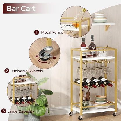 MAHANCRIS Bar Cart for Home, Mini Rolling Wine Cart, 3 Tier Serving Cart, Kitchen Storage Cart with Wine Rack and Glass Holders, for Kitchen, Dining Room, Living Room, Gold and White RCJW9301