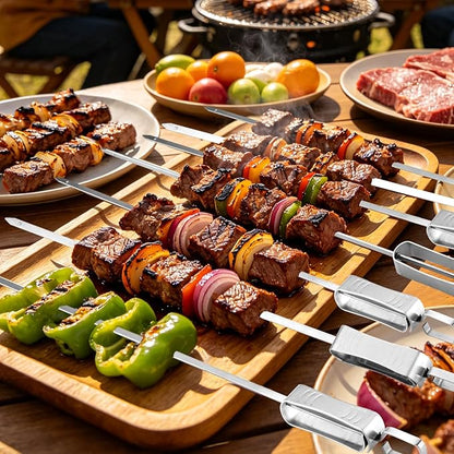BBQ Skewers for Grilling - 16" Flat Stainless Steel Shish Kabob Skewers with Push Bar Slider - Reusable Metal Kebab Sticks for Meat, Chicken, Shrimp & Vegetables, Set of 6
