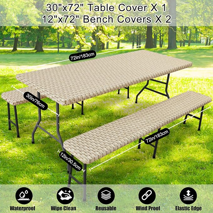 Smiry Picnic Table Cover with Bench Covers, Waterproof Elastic Fitted Tablecloth for 6 Foot Tables, Washable Polyester Tablecloths for Camping, Indoor & Outdoor (Champagne, 30x72 Inch 3-pc Set)