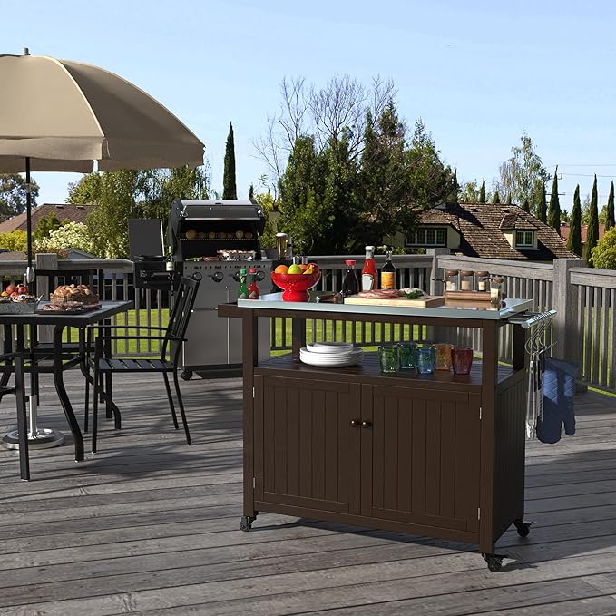 GDLF Outdoor Storage Cabinet Solid Wood Prep Grill Table with Stainless Steel Top Waterproof Cover Dark Brown