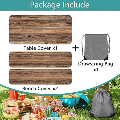 Farmhouse Picnic Table Cover with Bench Covers Camping Essentials Brown Wood Grain Waterproof Windproof Camping Tablecloth Fitted Tablecloth Cover with Elastic Edge for Indoor Outdoor 3 PCS 30x72 Inch