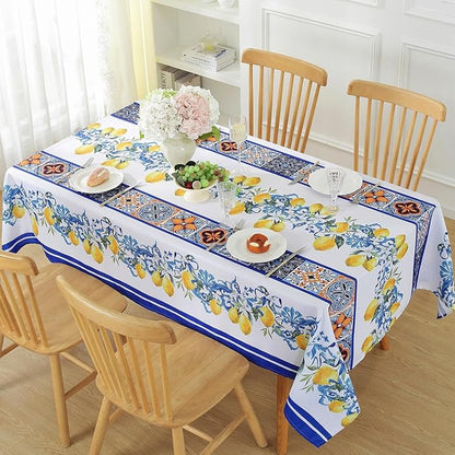 SASTYBALE Lemon Tablecloths, 60 x 84 Inch Rectangle, White | Summer Tablecloths for Rectangle Tables, Spill-Proof Stain-Resistant Fabric for Dining, Party, Picnic, Indoor, Outdoor