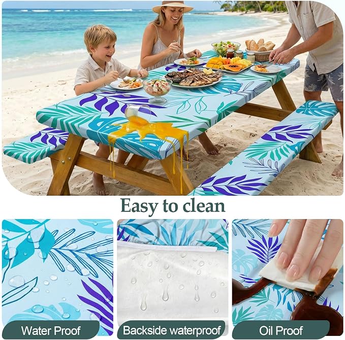 Picnic Table Cover Bench Covers Camping Essentials Tablecloth | Waterproof Vinyl for Outdoor, Windproof Elastic Fitted Edges, RV BBQ Accessories Must Haves, Storage Bag Included