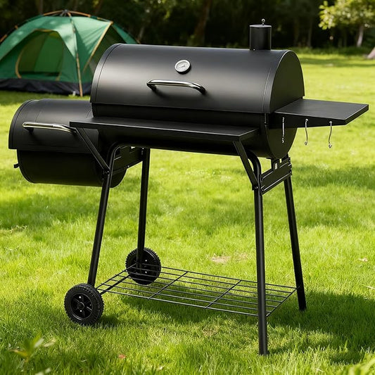 51.5in Large Barrel Charcoal Grills with Offset Smoker,Outdoor BBQ Grill,Vertical Picnic Barbecue Grills,Portable Camping Stove Grill,with Wheels,for Garden Beach Backyard Patio Parties (Black-D)