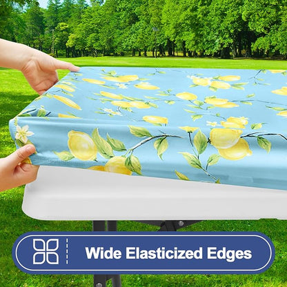 Smiry Picnic Table Cover with Bench Covers, Waterproof Elastic Fitted Tablecloth for 6 Foot Tables, Washable Polyester Tablecloths for Camping, Indoor & Outdoor (Lemon, 30x72 Inch 3-pc Set)