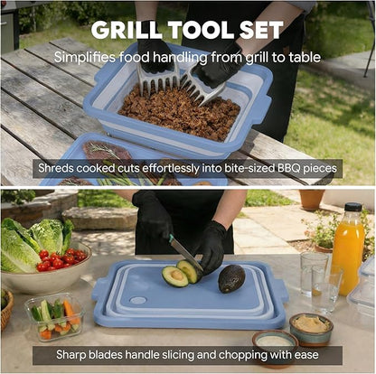 Feasto Collapsible BBQ Prep Tubs with Cutting Board, 9-IN-1, 2 Tubs Portable Grill Prep Station with Side Brackets, Lids, Knives, Meat Claws and Drain Rack, Space-Saving for Kitchen & Camping, Blue