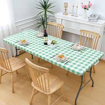 Smiry Rectangle Picnic Table Cloth, Elastic Waterproof Fitted Vinyl Tablecloths, Flannel Backed Buffalo Plaid Table Covers for Dining, Camping, Outdoor (Sage Green and White, 36" x 72")