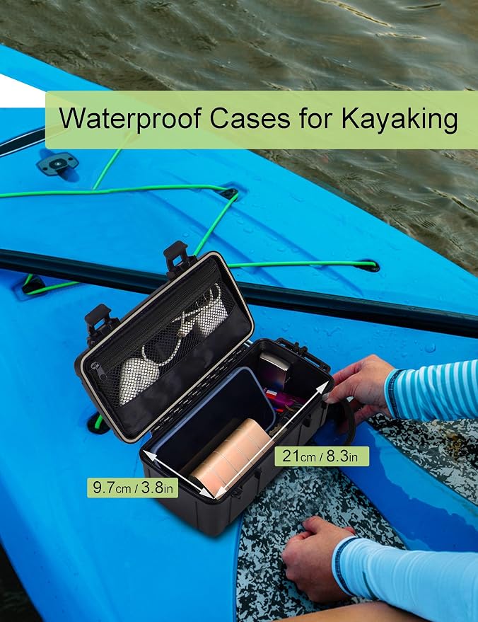Waterproof Kayak Dry Box - Floating ABS Storage Case with Stainless Steel Hinge & Mesh Pocket - Airtight Floating Waterproof Case Box for Phones, Keys & Boating Gear - 8.8" x 4" x 3.5"