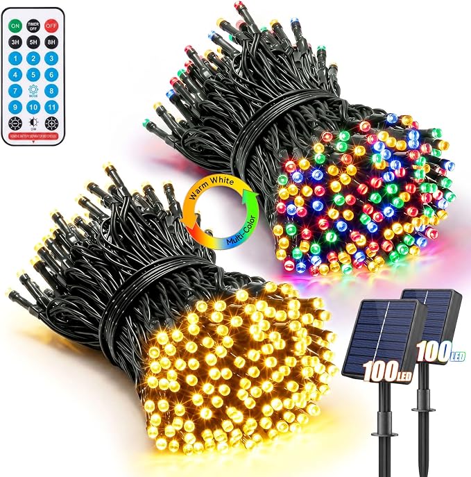 2 Pack 100LED Solar Christmas String Lights Outdoor Waterproof | Total 66FT Twinkle Lights with 8 Lighting Modes Remote for Outside Christmas Trees Decorations, Warm White & Multicolor