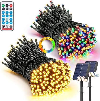 2 Pack 100LED Solar Christmas String Lights Outdoor Waterproof | Total 66FT Twinkle Lights with 8 Lighting Modes Remote for Outside Christmas Trees Decorations, Warm White & Multicolor