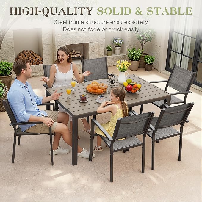Greesum 7 Piece Patio Dining Set, Outdoor Furniture with Large Table & 6 Textilene Chairs for Garden, Poolside, Porch, Grey