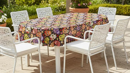 Newbridge Sugar Skull Oval Vinyl Tablecloth with Flannel Backing, Waterproof Wipe Clean Table Cover for Indoor Outdoor Kitchen Dining Use, Picnic and Barbecue, 60 x 84 Inch Oval