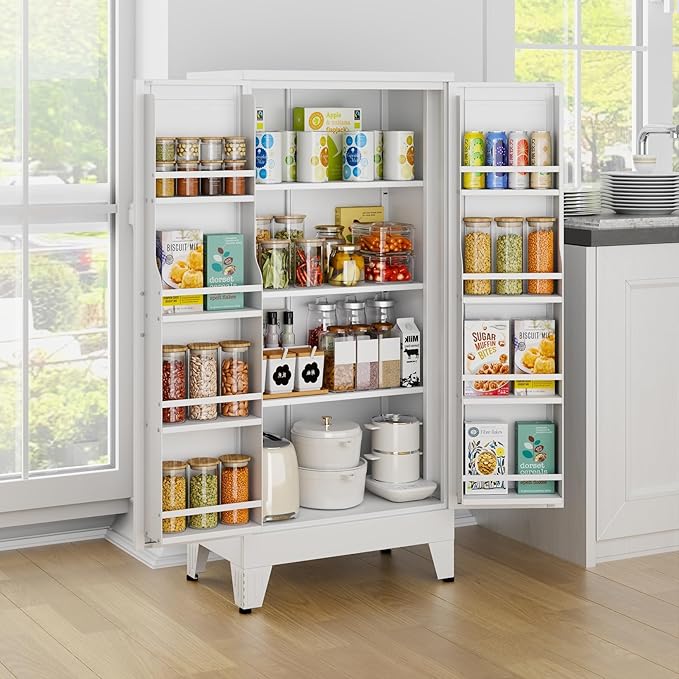 White Pantry Storage Cabinet, 48" Kitchen Pantry with Doors and 3 Adjustable Shelves, Metal Freestanding Buffet Cupboards Sideboard, for Office, Home, Garage, School