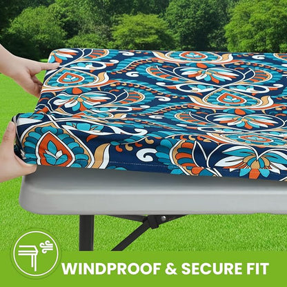 Smiry Spandex Fitted Tablecloth for 6 Foot Rectangle Tables, Washable Picnic Table Cover with Elastic, Stretch Reusable Table Cloth for Outdoor, Camping, Dining & Kitchen (Peacock Paisley, 30"x72")