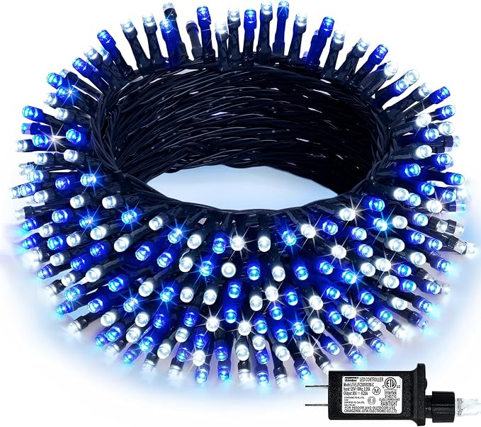JMEXSUSS 66ft 200 LED Blue and White Christmas Lights, String Light Plug in | Connectable, Waterproof, 8 Moedes Green Wire Christmas Lights for Tree Party Home Indoor Outdoor Decorations