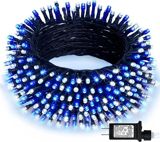 JMEXSUSS 66ft 200 LED Blue and White Christmas Lights, String Light Plug in | Connectable, Waterproof, 8 Moedes Green Wire Christmas Lights for Tree Party Home Indoor Outdoor Decorations