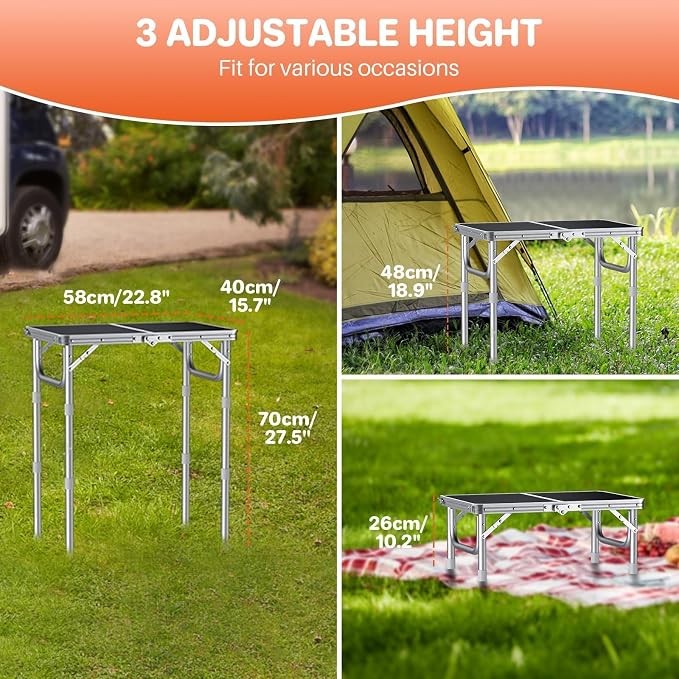 FUNYKICH 2ft Folding Camping Table 22.8''x15.7''x27.5'',3 Height Adjustable | Lightweight Aluminum Outdoor Small Tables with Carry Handle for Car Camping, Backpacking, Picnic, BBQ, Silver