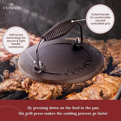 Cast Iron Skillet + Grill Press + Scraper Set - 12"-inch Pre-Seasoned Frying Pan + Silicone Handle Grip - 7" Round Burger Smasher - Indoor/Outdoor, Stove, Oven, Grill, Induction Kitchen Cookware