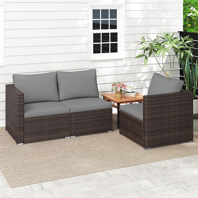 Tangkula 3 Seat Outdoor Wicker Sofa Set, Modular PE Rattan Patio Cushioned Sectional Couch Set, Outside Furniture Set for Deck, Backyard, Porch, Garden & Poolside (Brown-Grey)