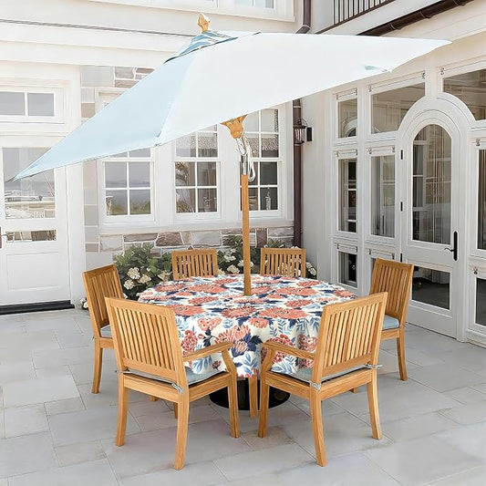 LVTXIII Round Outdoor Tablecloth with Umbrella Hole and Zipper, Water-Repellent 60 Inch Patio Table Cover for Bistro, Garden, Patio & Picnic, Vibrant Blossom