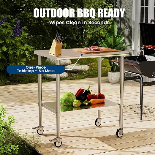 Stainless Steel Work Table with Wheels, 24x36 Inch NSF Kitchen Prep Table with Adjustable Undershelf for Commercial Restaurant, Garage, Outdoor BBQ
