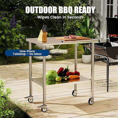 Stainless Steel Work Table with Wheels, 24x36 Inch NSF Kitchen Prep Table with Adjustable Undershelf for Commercial Restaurant, Garage, Outdoor BBQ