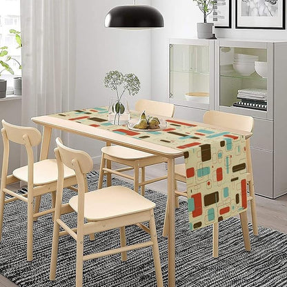 Retro Abstract Geometric Table Runner, Vintage Shapes Mid Century Colorful Boho Style Dinner Runner for Home Kitchen Dining Table Decoration 13"x70"