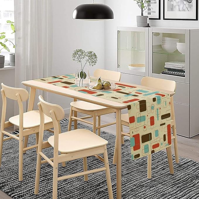 Retro Abstract Geometric Table Runner, Vintage Shapes Mid Century Colorful Boho Style Dinner Runner for Home Kitchen Dining Table Decoration 13"x90"