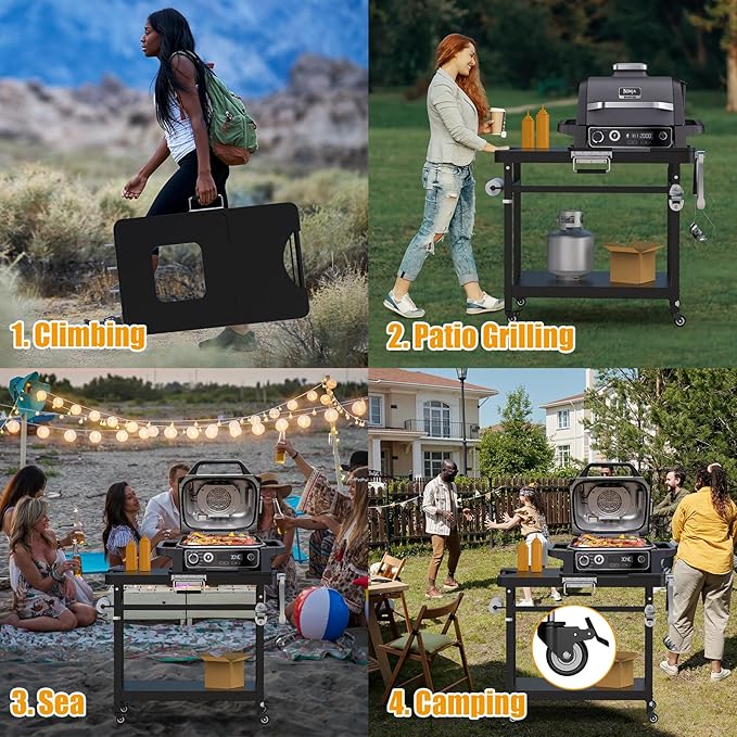 SafBbcue Grill Table for Ninja, Grill Stand for Ninja Woodfire OG700 OG800 OG900 Series & OO101, Portable Outdoor Grill Stand, Foldable Cart Table with Wheels for Ninja, Double-shelf, Hooks