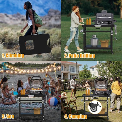SafBbcue Grill Table for Ninja, Grill Stand for Ninja Woodfire OG700 OG800 OG900 Series & OO101, Portable Outdoor Grill Stand, Foldable Cart Table with Wheels for Ninja, Double-shelf, Hooks