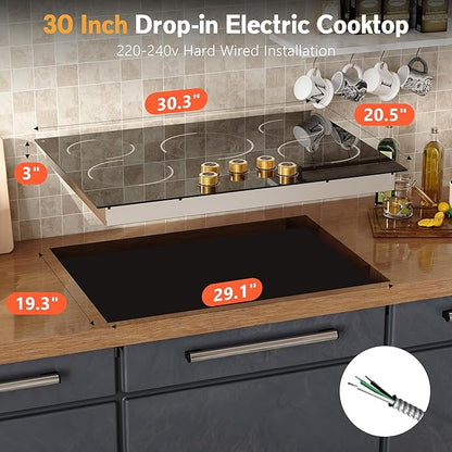 30 Inch Electric Cooktop, 30" Electric Stove 8500W, 5 Burner Ceramic Cook Top Built-in, Knob & Touch Control, Expanded Zone, Child Lock, Pause Function, 220V - 240V Hard Wire, No Plug