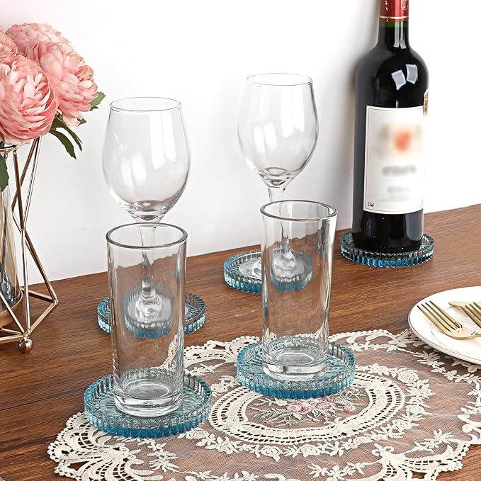 Modern Clear Coaster Set of 8- Glass Coasters for Drinks Crystal Coasters Round Cup Coaster Coffee Table Decor for Office, Kitchen, Bar, Dining Room, Living Room, Patio(Clear Blue)