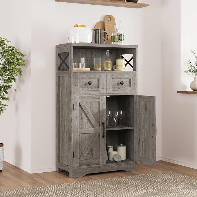 Befrases Farmhouse Storage Cabinet with Drawers and Adjustable Shelves, Freestanding Kitchen Pantry Storage Cabinet, Floor Storage Cupboard for Dining Living Room Home Office, Washed Grey
