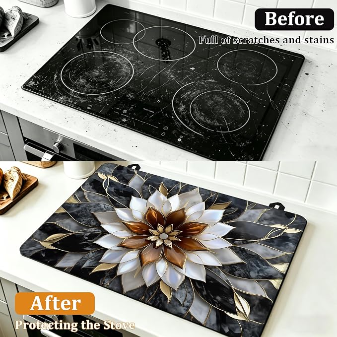 Marble Flower Glass Top Stove Cover Protector,Modern Stove Top Covers for Electric Stove,Washable Heat Resistant Cooktop Mat Anti-Slip Range Covers, 28 x 20 Inch