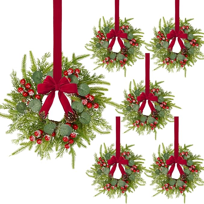 Waipfaru 6 Pcs Small Christmas Wreath, Mini Wreaths for Cabinets, Christmas Wreaths for Windows Kitchen Front Door Candle Rings Fireplaces Table Centerpiece Indoor Outdoor Decorations
