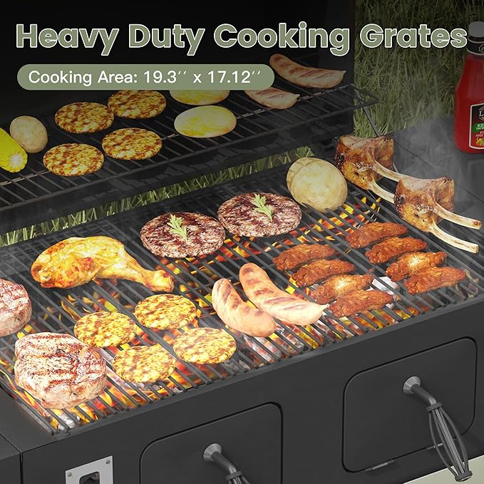 Extra Large Charcoal Grill, Outdoor BBQ Grill with Adjustable Charcoal Trays and Foldable Side Tables, Heavy-Duty Barbecue Grill Smoker for Patio, Camping, Backyard