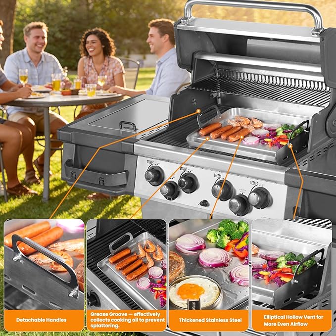 Universal Stainless Steel Griddle for Gas Grill and Gas Stove, 17” X 13” Flat Top Griddle With Handle for Weber, Nexgrill, Charbroils and Kenmore, Gas Griddle for Tailgating, Camping, and Party