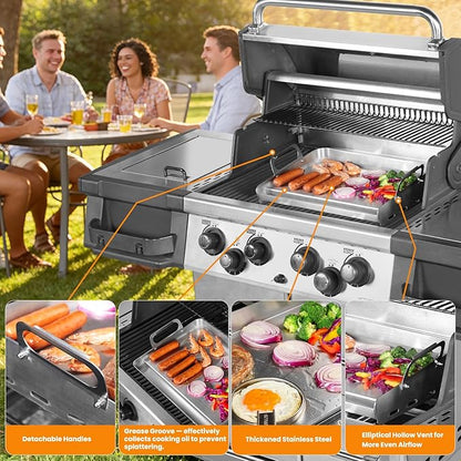 Universal Stainless Steel Griddle for Gas Grill and Gas Stove, 17” X 13” Flat Top Griddle With Handle for Weber, Nexgrill, Charbroils and Kenmore, Gas Griddle for Tailgating, Camping, and Party