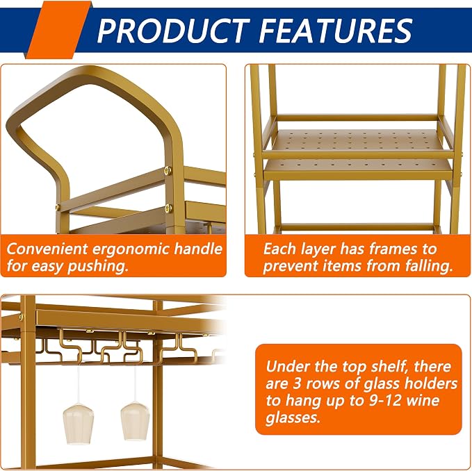 Soywey Bar Cart,Gold Bar Cart,Home Bar Serving Carts,3-Tier Alcohol cart,Cart with Wheels,Suitable for Restaurants, Bars, Kitchens,Gold Colours