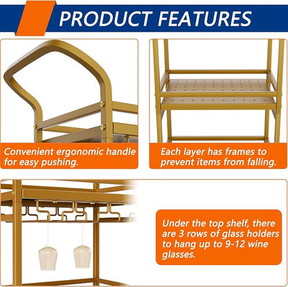 Soywey Bar Cart,Gold Bar Cart,Home Bar Serving Carts,3-Tier Alcohol cart,Cart with Wheels,Suitable for Restaurants, Bars, Kitchens,Gold Colours