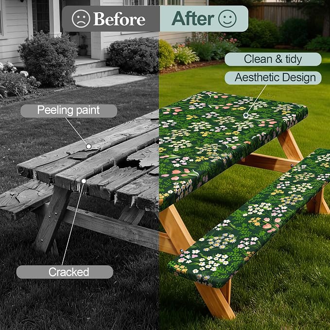 Picnic Table Cover Bench Covers Camping Essentials Tablecloth | Waterproof Vinyl for Outdoor, Windproof Elastic Fitted Edges, RV BBQ Accessories Must Haves, Storage Bag Included