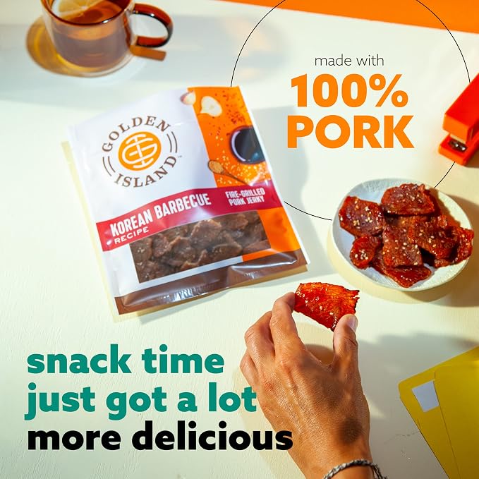 Golden Island Korean BBQ Pork Jerky - (2 Pack) 9 oz Resealable Bag - Fire-Grilled Specialty Meat Snack - Sweet & Savory Protein Snack - 7g Protein per Serving - Made with 100% All-Natural Pork